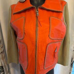 One Girl Who Orange and Tan Leather sweater jacket